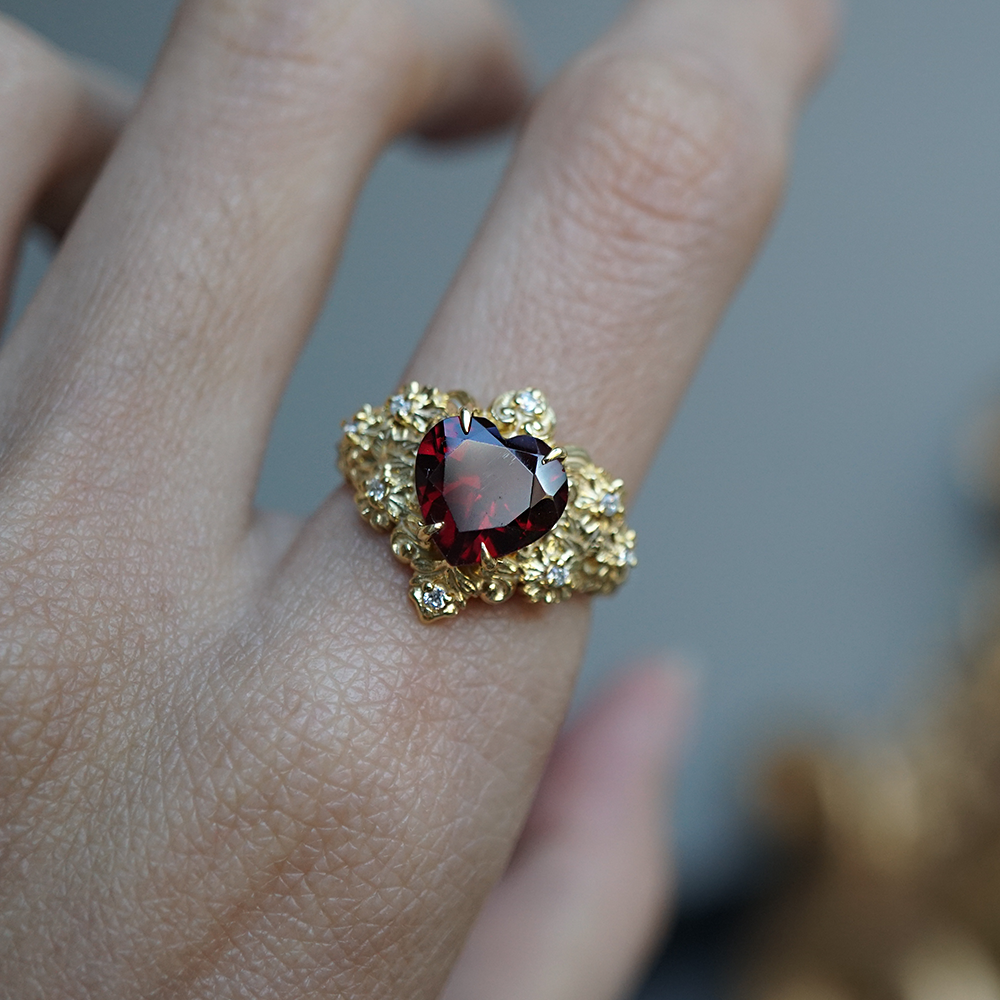 Garnet Rosetta Heart Diamond Ring in 14K and 18K Gold