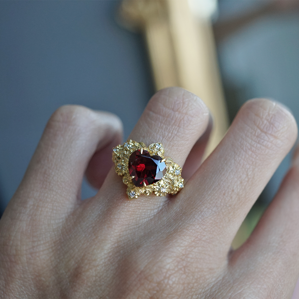 Garnet Rosetta Heart Diamond Ring in 14K and 18K Gold