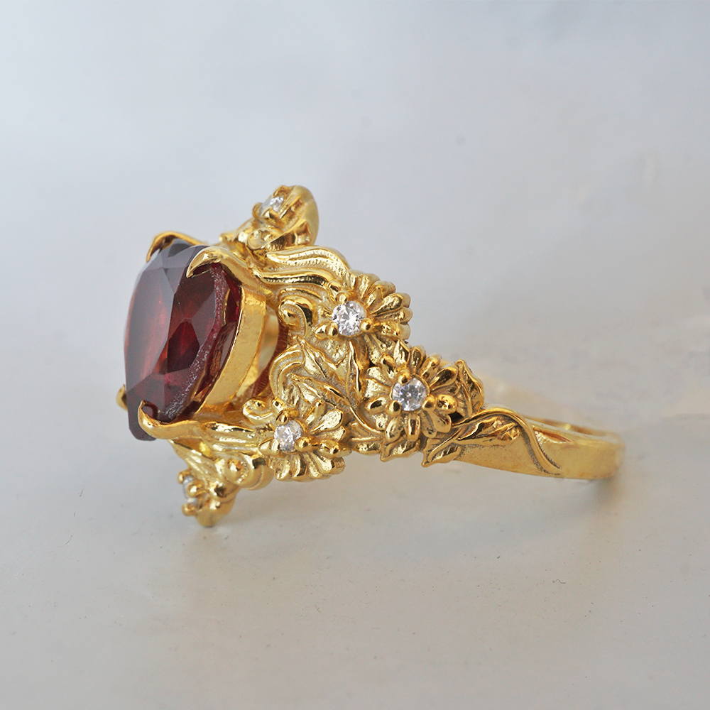 Garnet Rosetta Heart Diamond Ring in 14K and 18K Gold