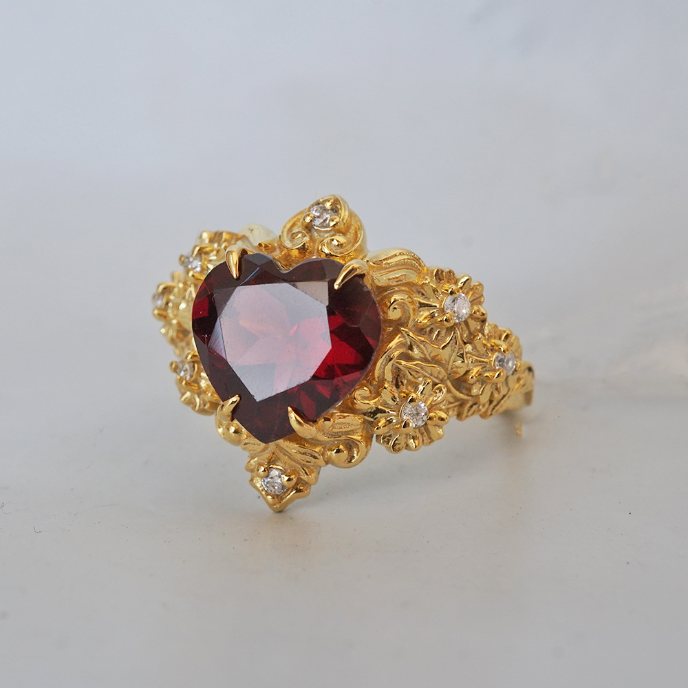 Garnet Rosetta Heart Diamond Ring in 14K and 18K Gold