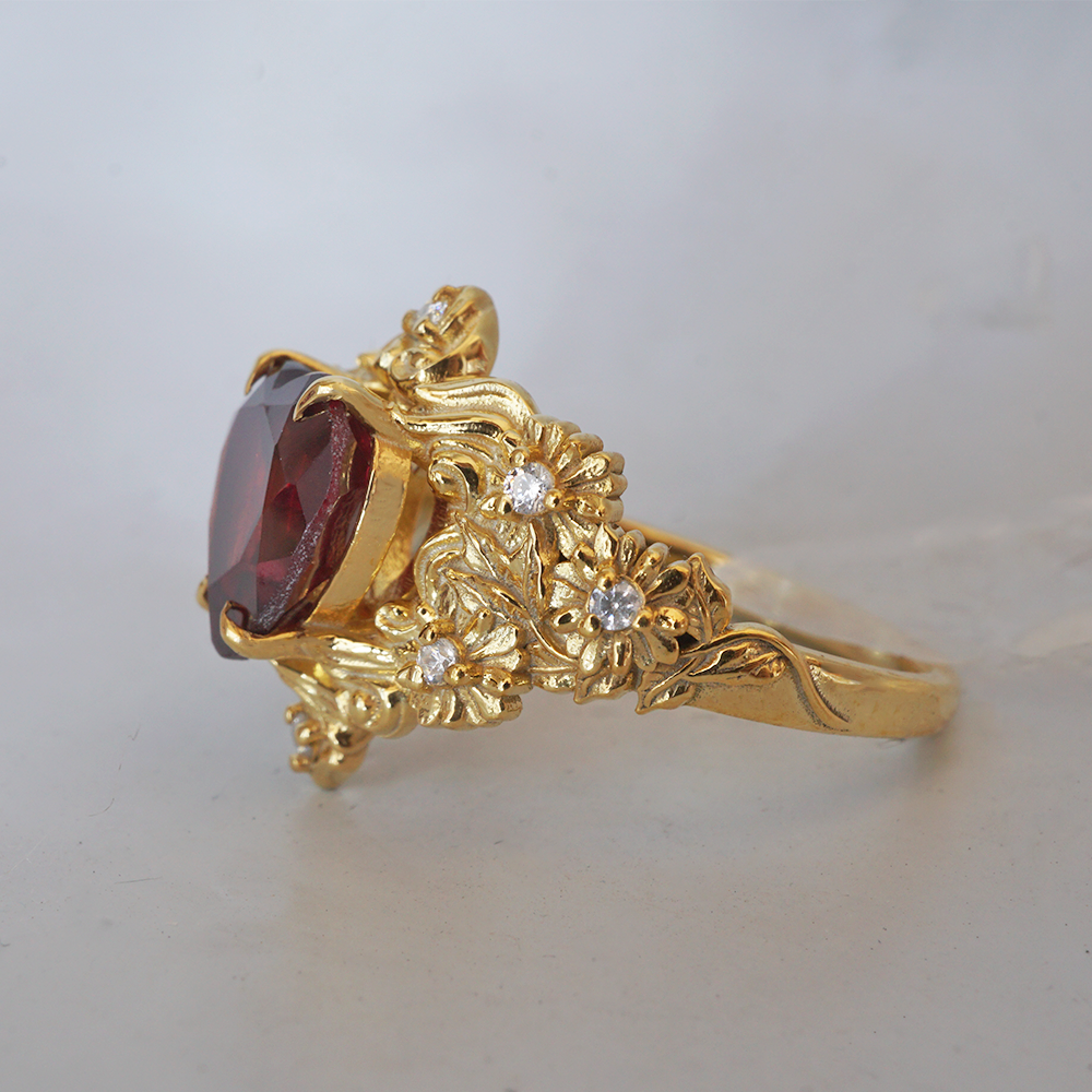 Garnet Rosetta Heart Diamond Ring in 14K and 18K Gold