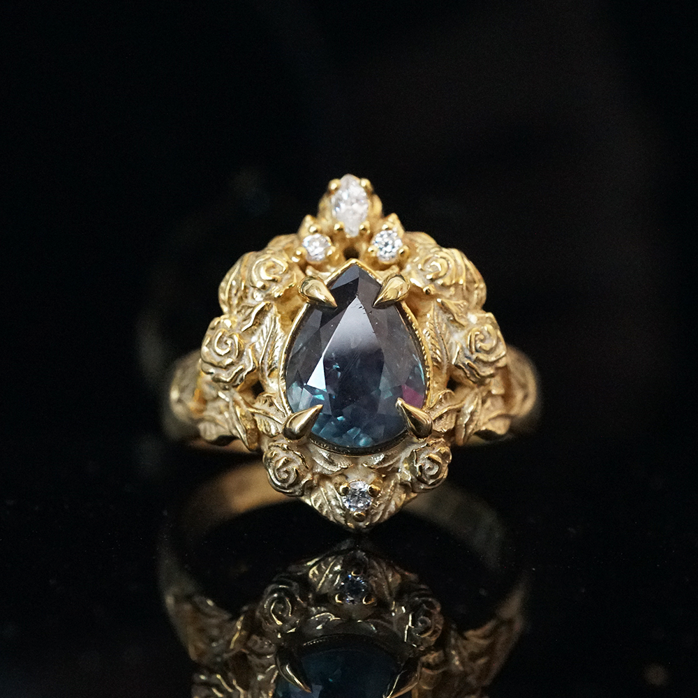 One Of A Kind: Pear Alexandrite Heart Rosy Diamond Ring in 14K and 18K Gold