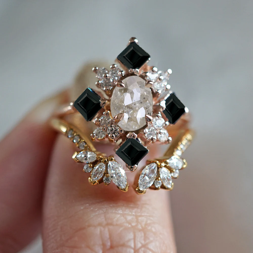 One Of A Kind: Illuminati Salt & Pepper Diamond Black Onyx Ring in 14K and 18K Gold