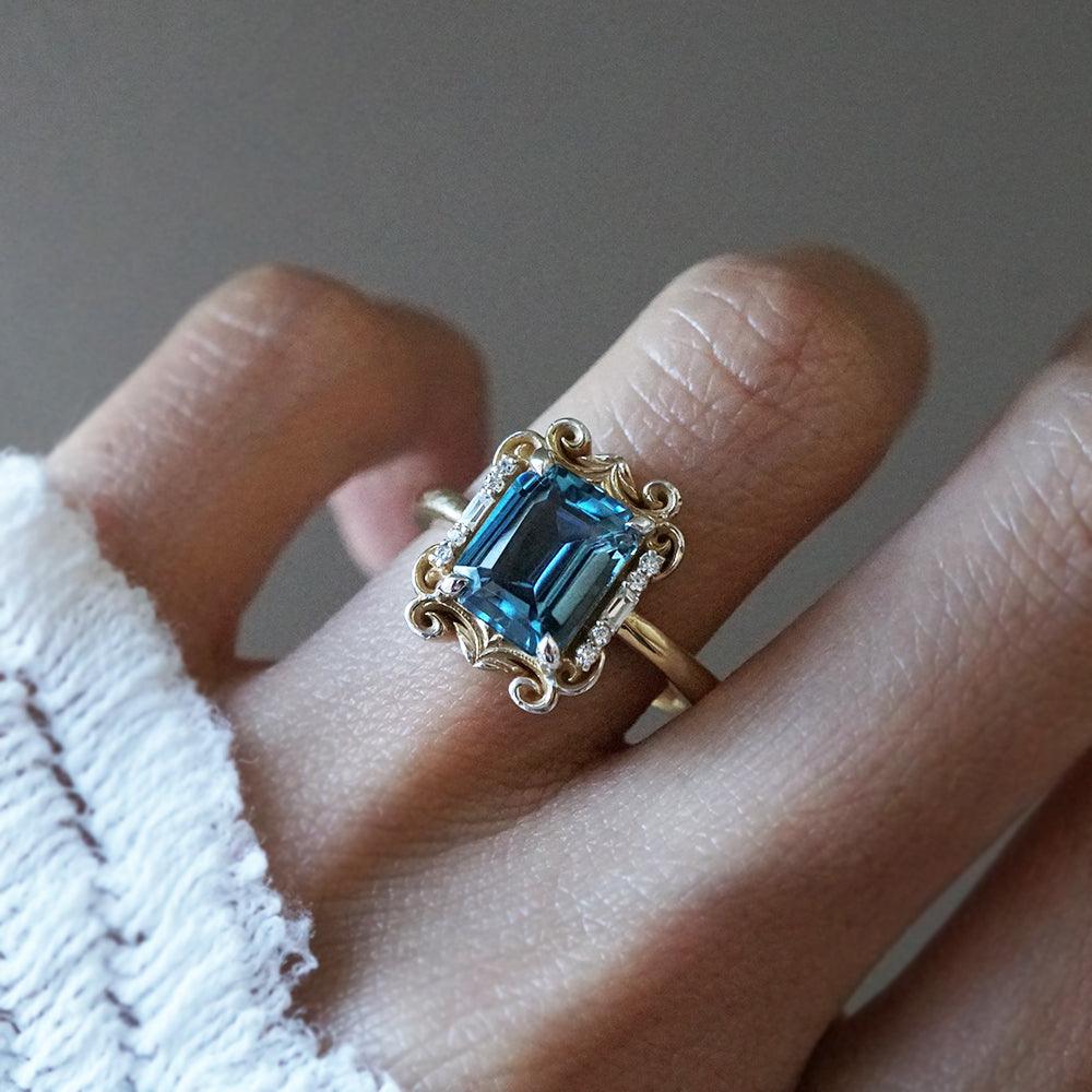 Isis London Blue Topaz Scroll Diamond Ring in 14K and 18K Gold - Tippy Taste Jewelry