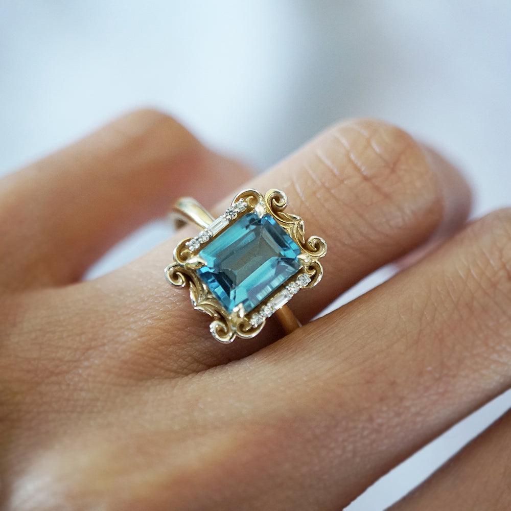 Isis London Blue Topaz Scroll Diamond Ring in 14K and 18K Gold - Tippy Taste Jewelry