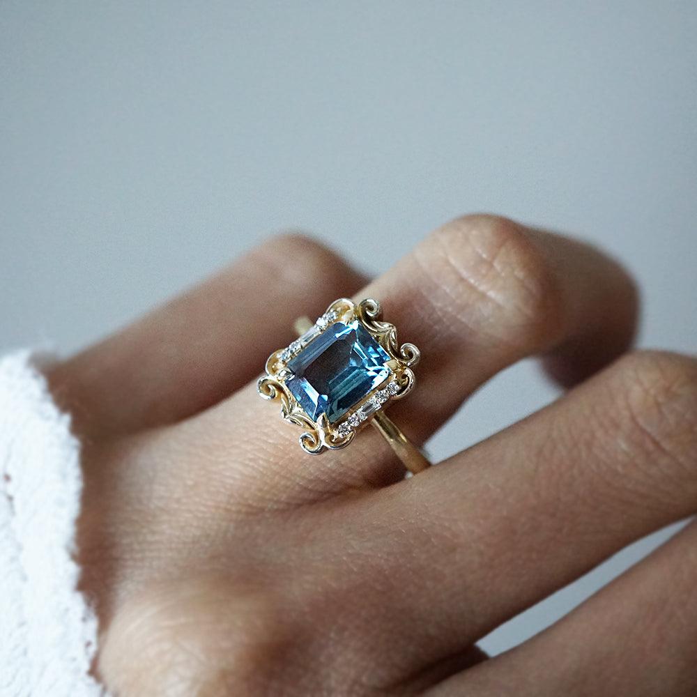 Isis London Blue Topaz Scroll Diamond Ring in 14K and 18K Gold - Tippy Taste Jewelry