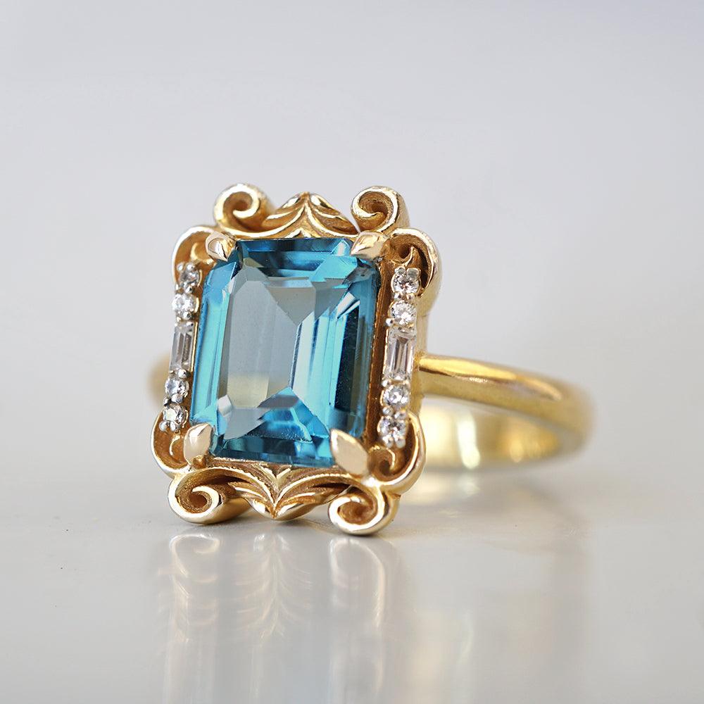 Isis London Blue Topaz Scroll Diamond Ring in 14K and 18K Gold - Tippy Taste Jewelry