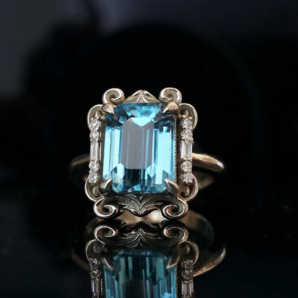 Isis London Blue Topaz Scroll Diamond Ring in 14K and 18K Gold