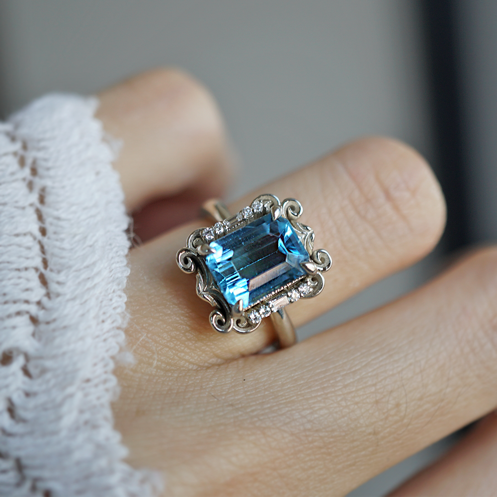 Isis London Blue Topaz Scroll Diamond Ring in 14K and 18K Gold