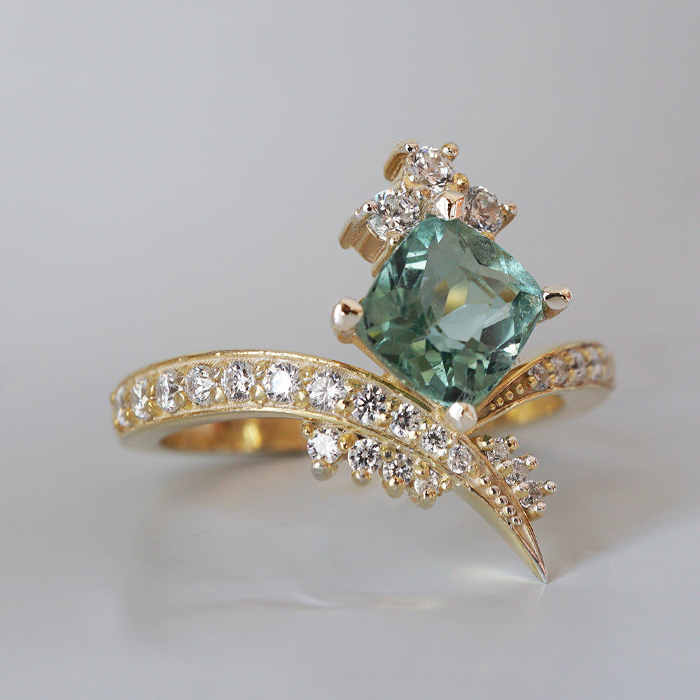 One Of A Kind: Manhattan Seafoam Tourmaline Diamond Ring in 14K and 18K Gold