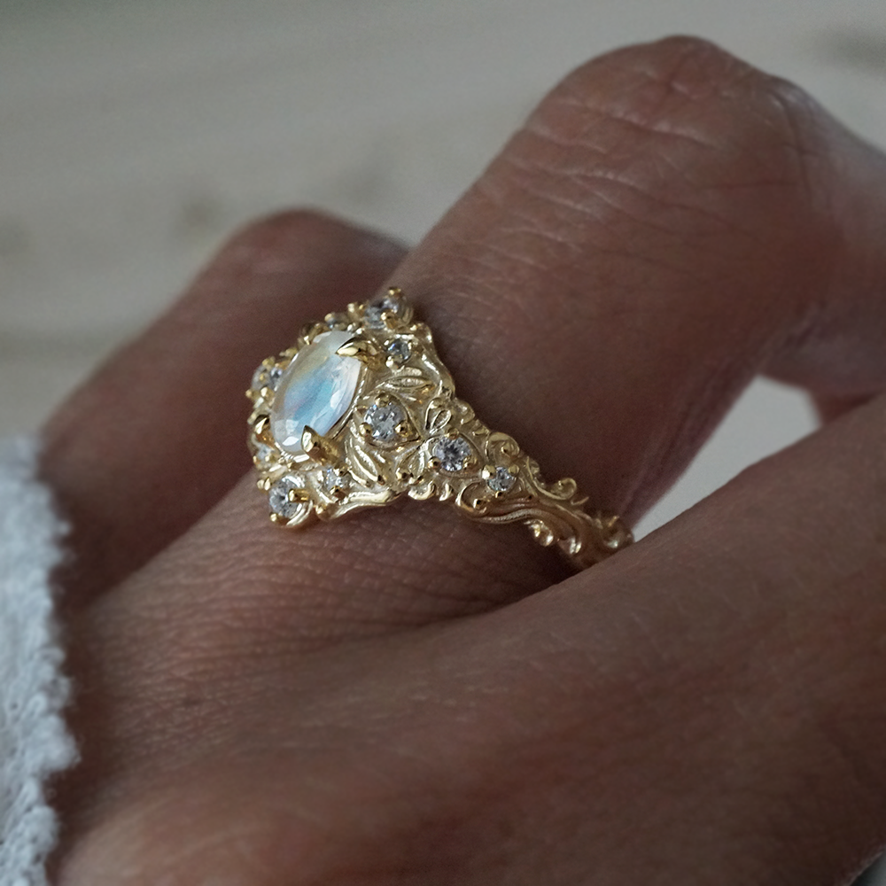 Moonstone Moon Diamond Ring in 14K and 18K Gold