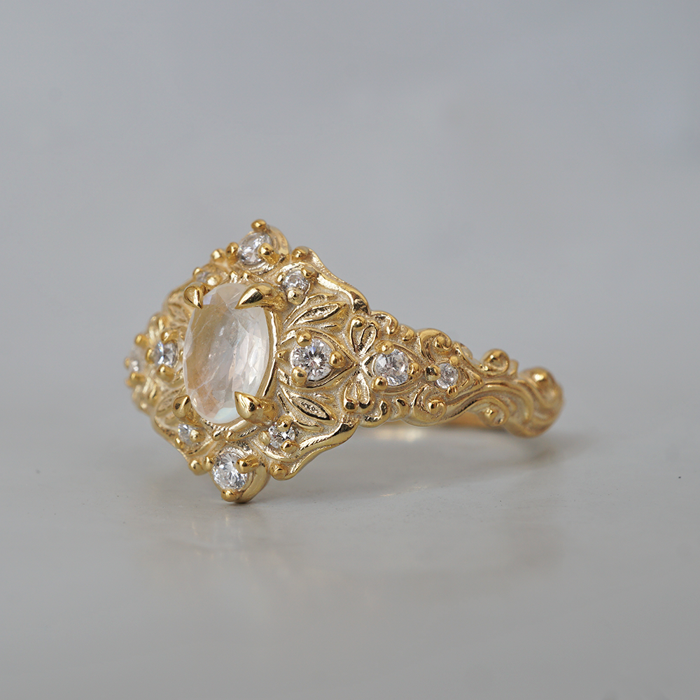 Moonstone Moon Diamond Ring in 14K and 18K Gold