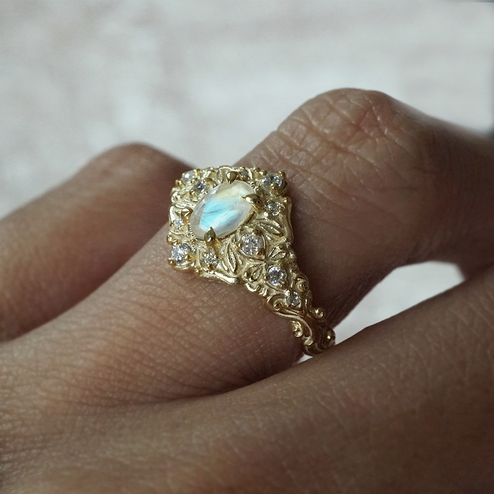 Moonstone Moon Diamond Ring in 14K and 18K Gold