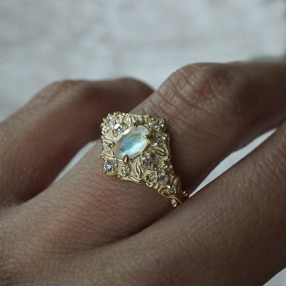 Moonstone Moon Diamond Ring in 14K and 18K Gold