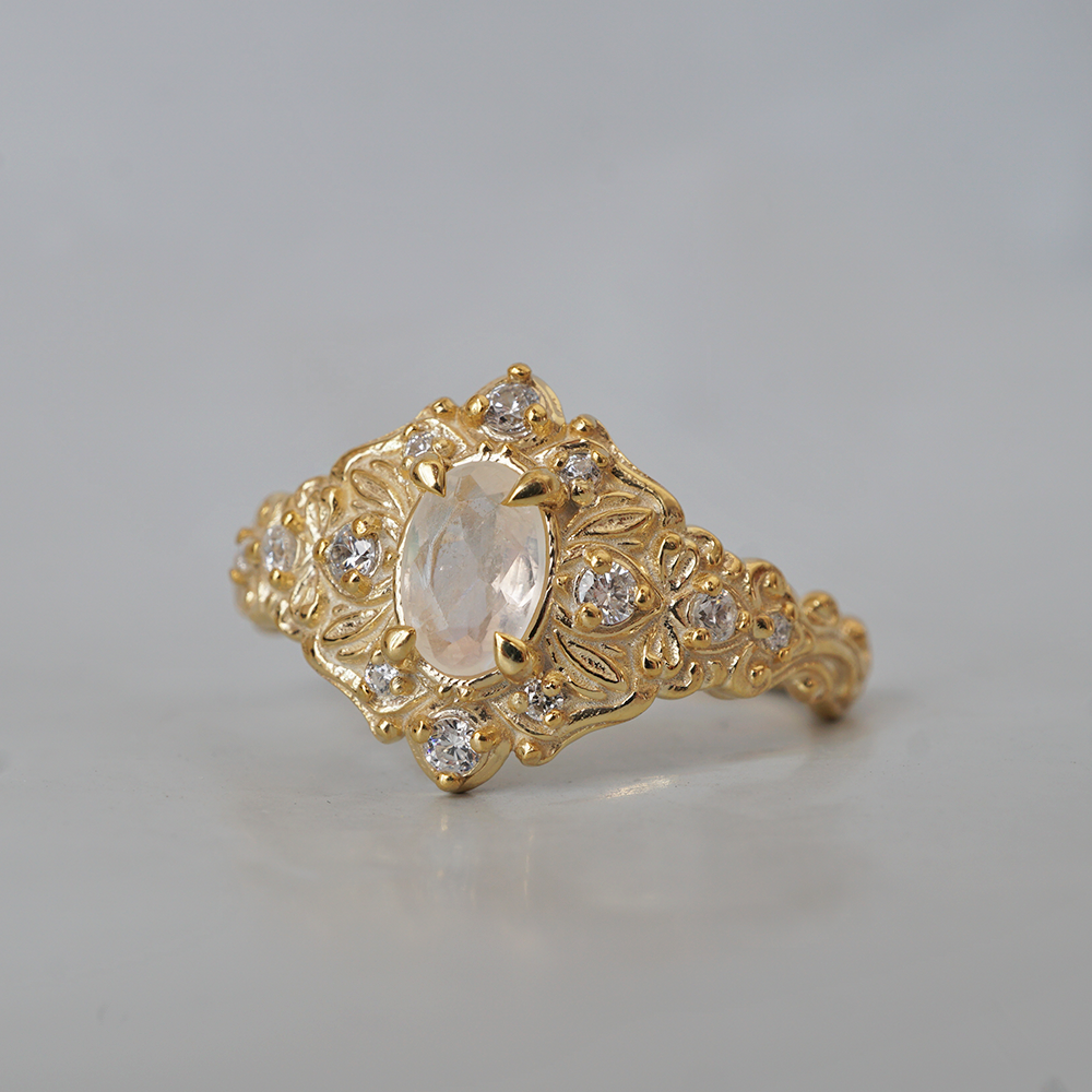 Moonstone Moon Diamond Ring in 14K and 18K Gold