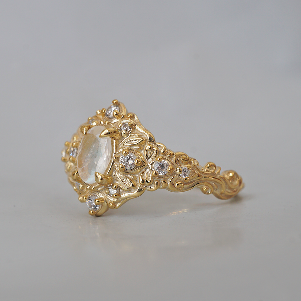 Moonstone Moon Diamond Ring in 14K and 18K Gold