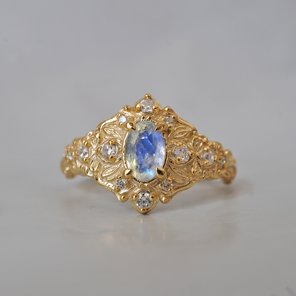 Moonstone Moon Diamond Ring in 14K and 18K Gold