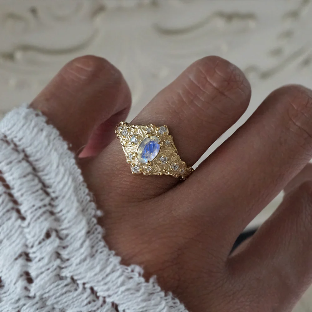 Moonstone Moon Diamond Ring in 14K and 18K Gold