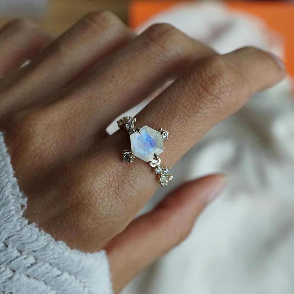 Hexagon Moonstone Luna Ring in 14K and 18K Gold - Tippy Taste Jewelry