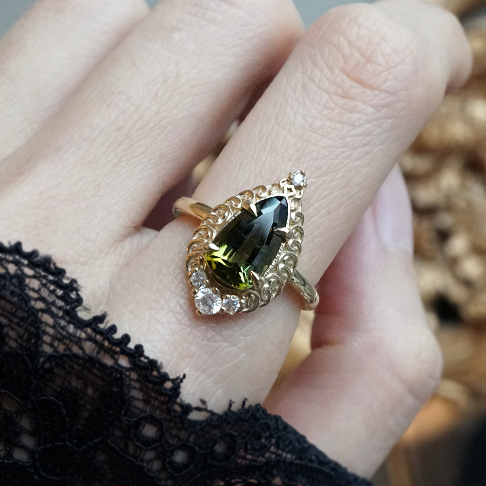 Olive Green Tourmaline Mosque Diamond Ring in 14K and 18K Gold