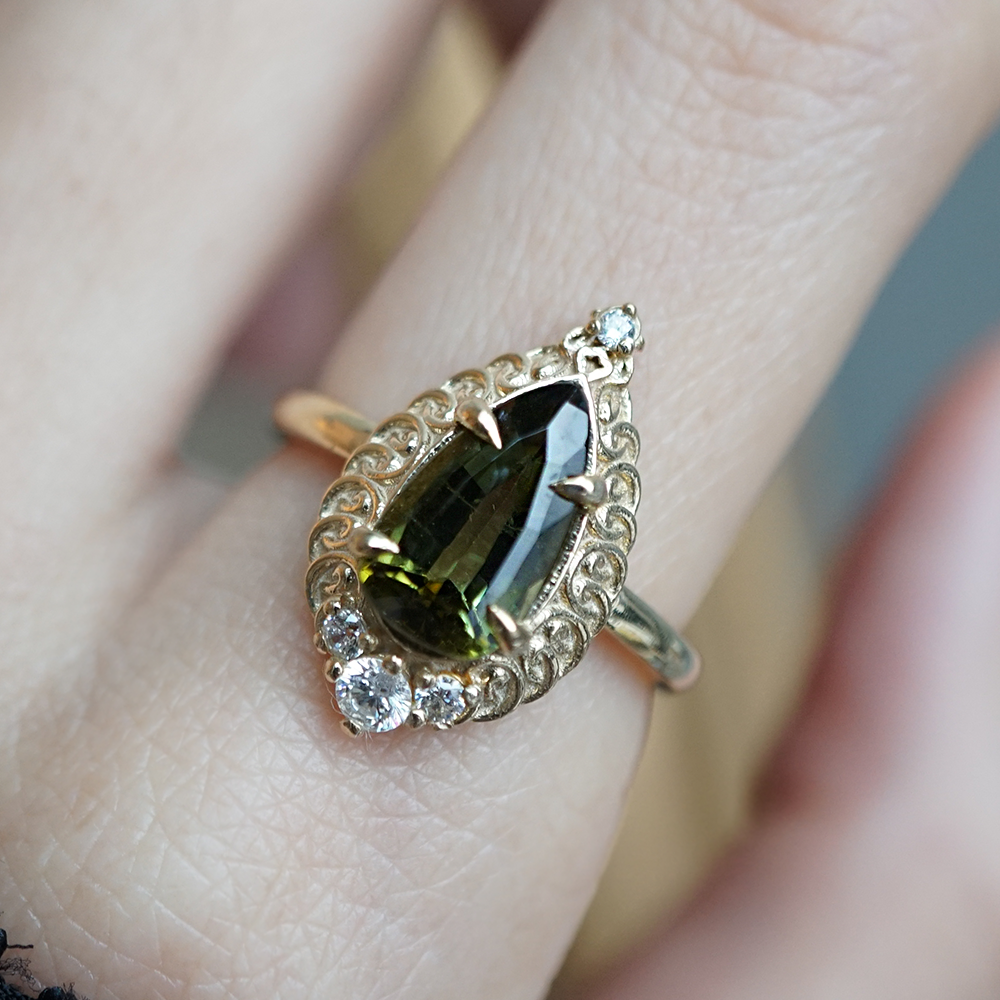 Olive Green Tourmaline Mosque Diamond Ring in 14K and 18K Gold