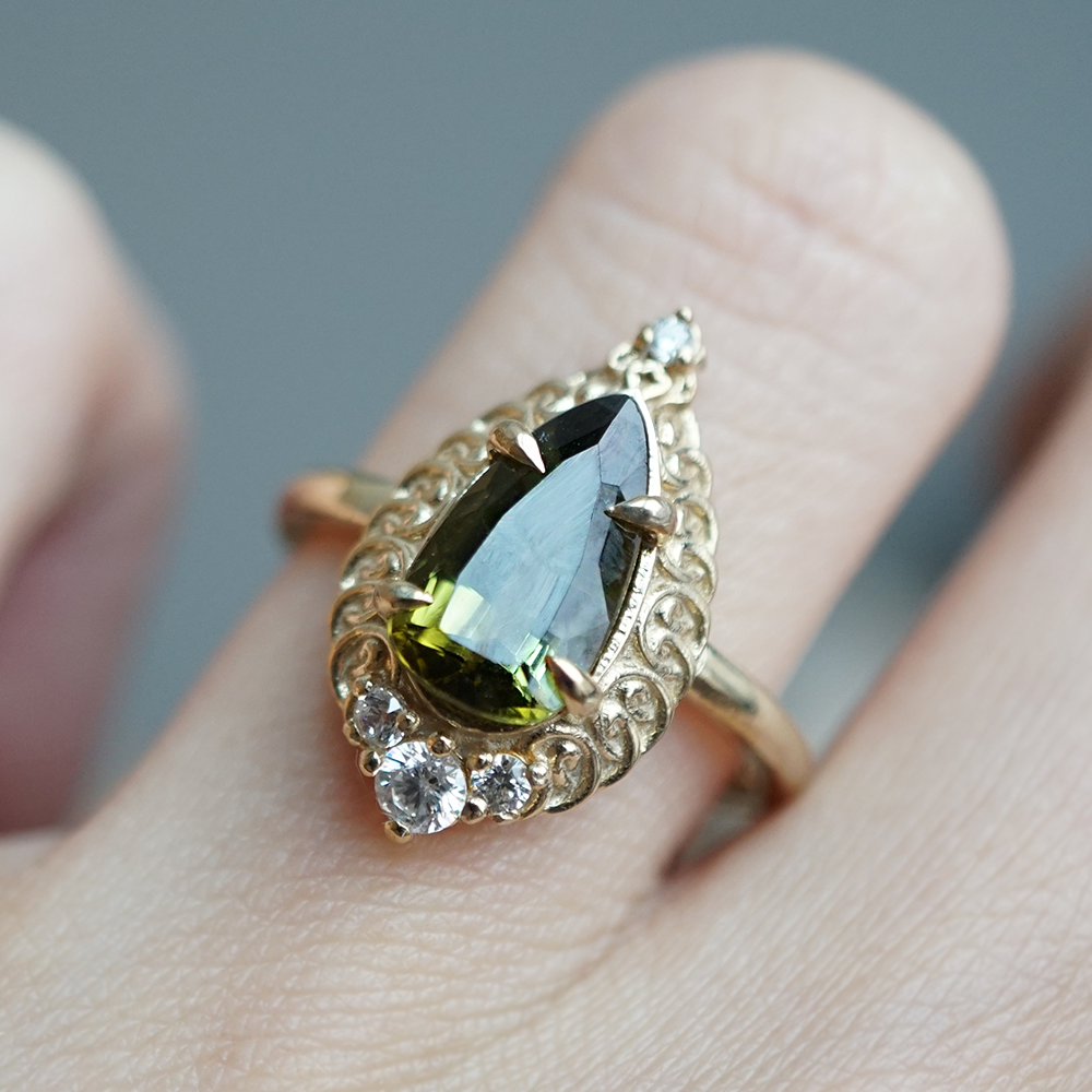 Olive Green Tourmaline Mosque Diamond Ring in 14K and 18K Gold