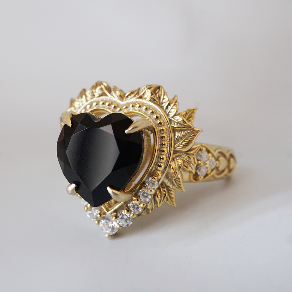 Heart of the Ocean Onyx Diamond Ring in 14K and 18K Gold