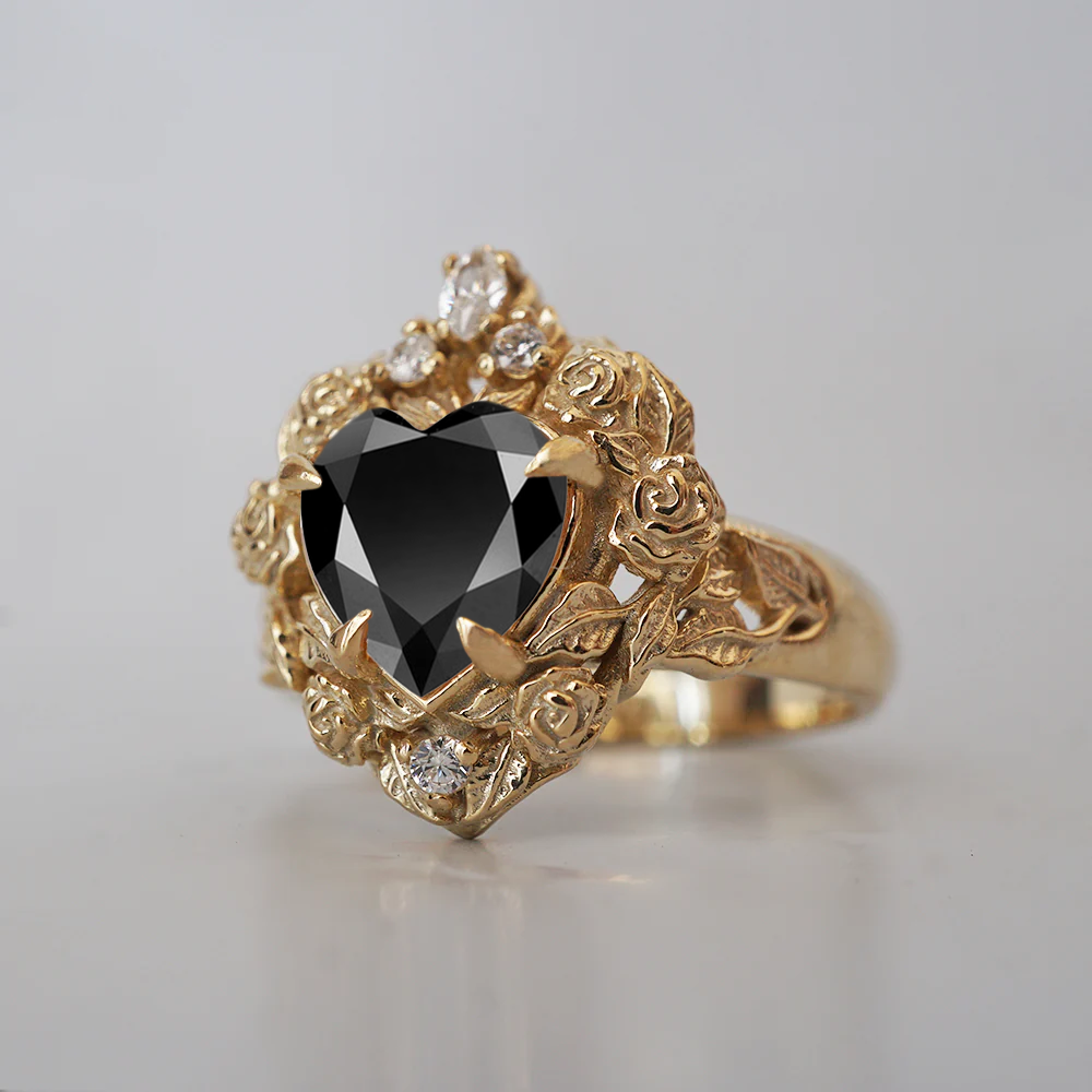 Onyx Heart Rosy Diamond Ring in 14K and 18K Gold