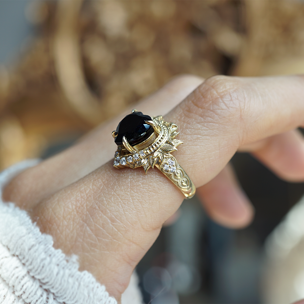 Heart of the Ocean Onyx Diamond Ring in 14K and 18K Gold