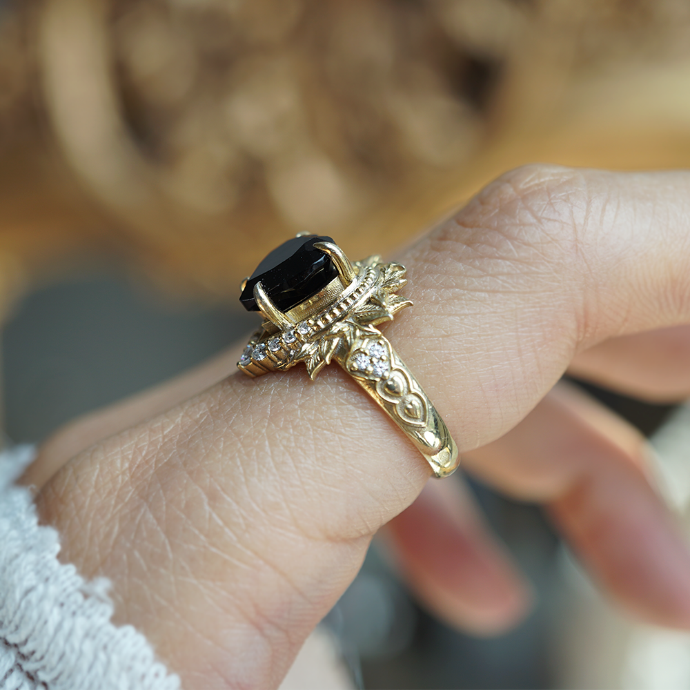 Heart of the Ocean Onyx Diamond Ring in 14K and 18K Gold