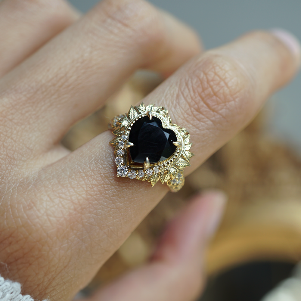 Heart of the Ocean Onyx Diamond Ring in 14K and 18K Gold