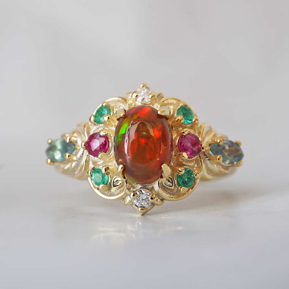 One Of A Kind: City of Lights Opal, Alexandrite, Emerald and Ruby Ring in 14K and 18K Gold