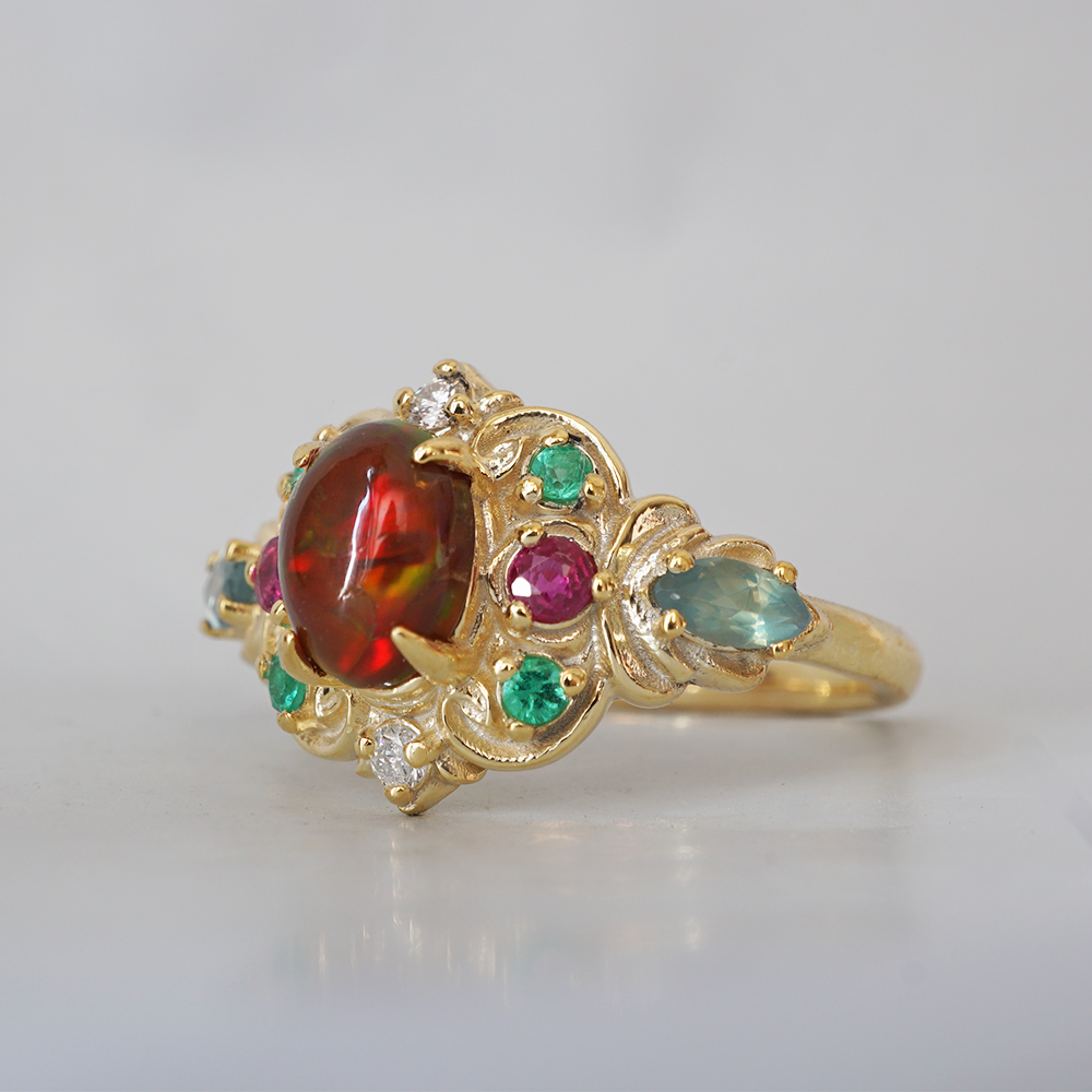 One Of A Kind: City of Lights Opal, Alexandrite, Emerald and Ruby Ring in 14K and 18K Gold