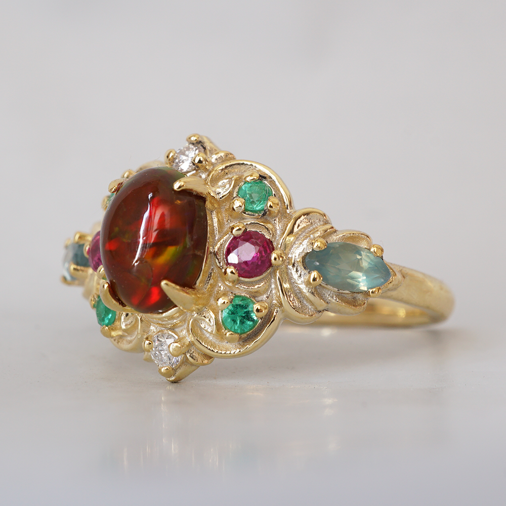 One Of A Kind: City of Lights Opal, Alexandrite, Emerald and Ruby Ring in 14K and 18K Gold