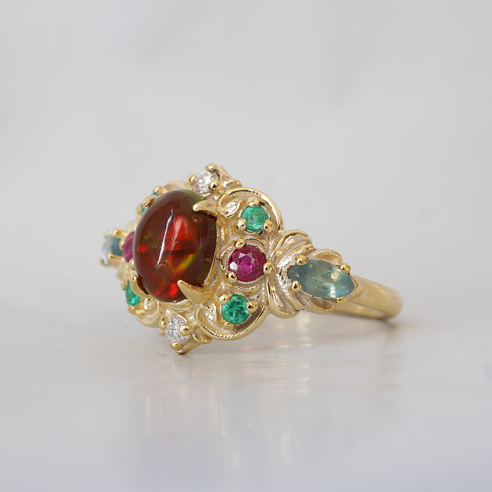 One Of A Kind: City of Lights Opal, Alexandrite, Emerald and Ruby Ring in 14K and 18K Gold