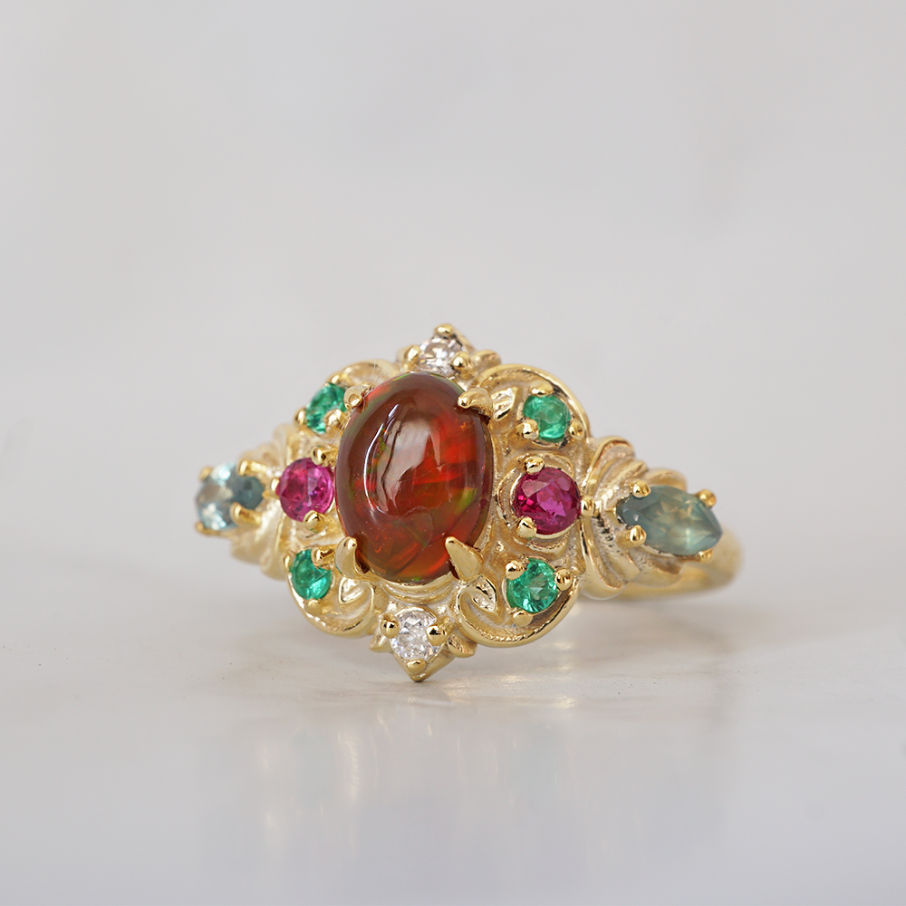 One Of A Kind: City of Lights Opal, Alexandrite, Emerald and Ruby Ring in 14K and 18K Gold