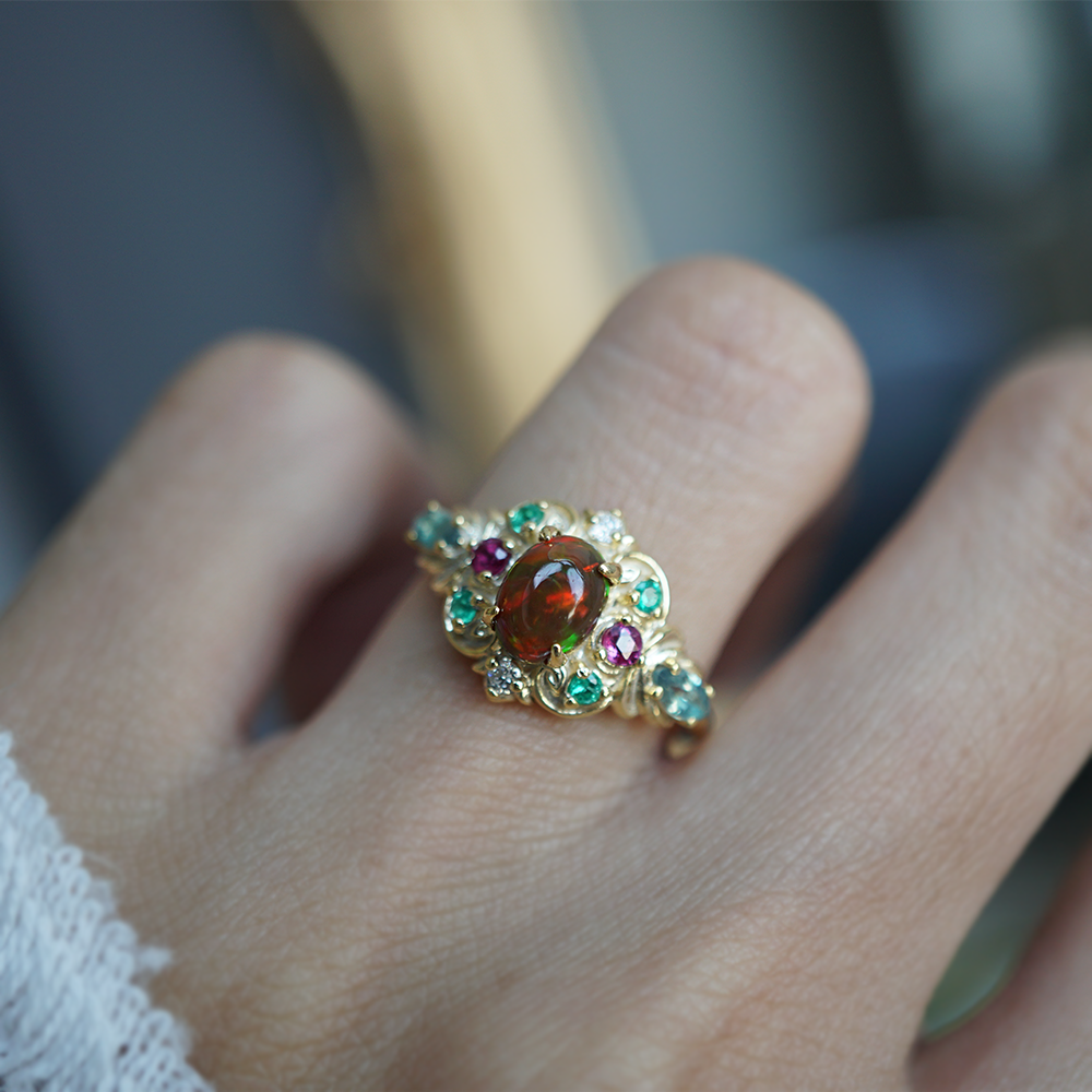 One Of A Kind: City of Lights Opal, Alexandrite, Emerald and Ruby Ring in 14K and 18K Gold