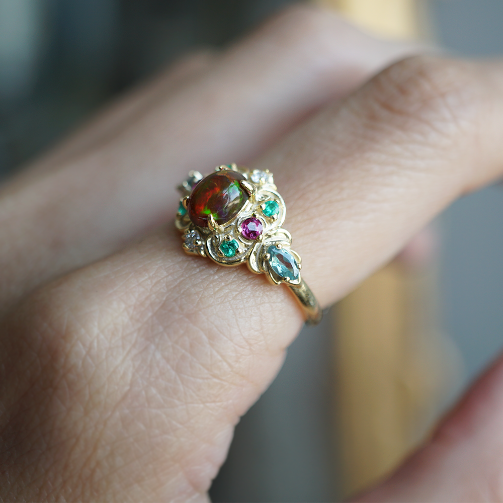 One Of A Kind: City of Lights Opal, Alexandrite, Emerald and Ruby Ring in 14K and 18K Gold