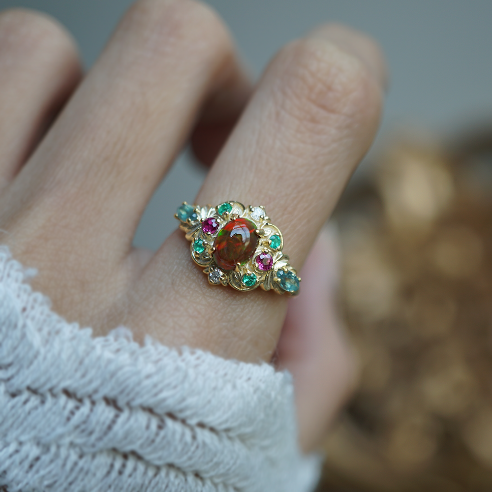 One Of A Kind: City of Lights Opal, Alexandrite, Emerald and Ruby Ring in 14K and 18K Gold