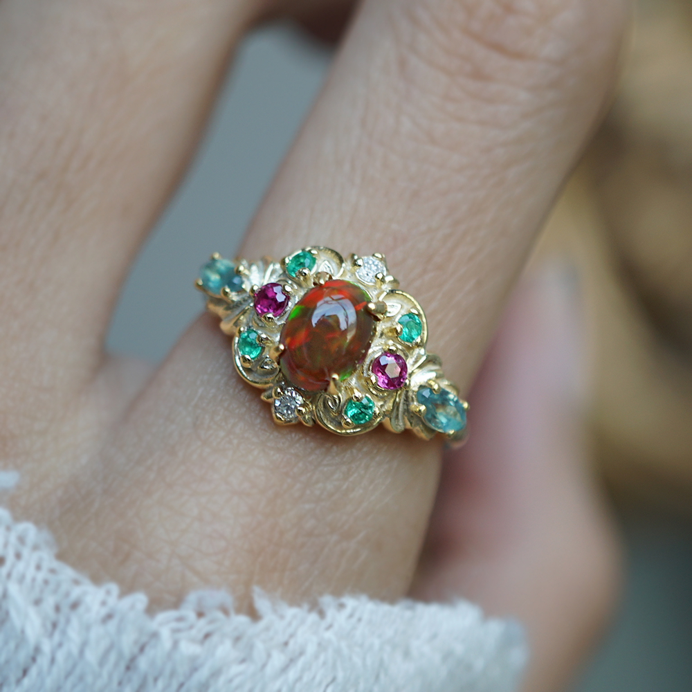 One Of A Kind: City of Lights Opal, Alexandrite, Emerald and Ruby Ring in 14K and 18K Gold