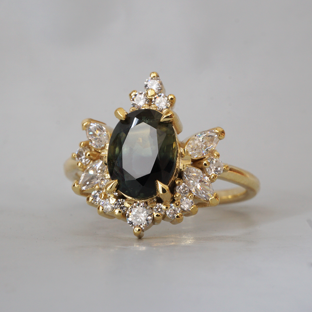 Limited Edition: Oval Stardust Teal Sapphire Diamond Ring in 14K, 18K Gold and Platinum