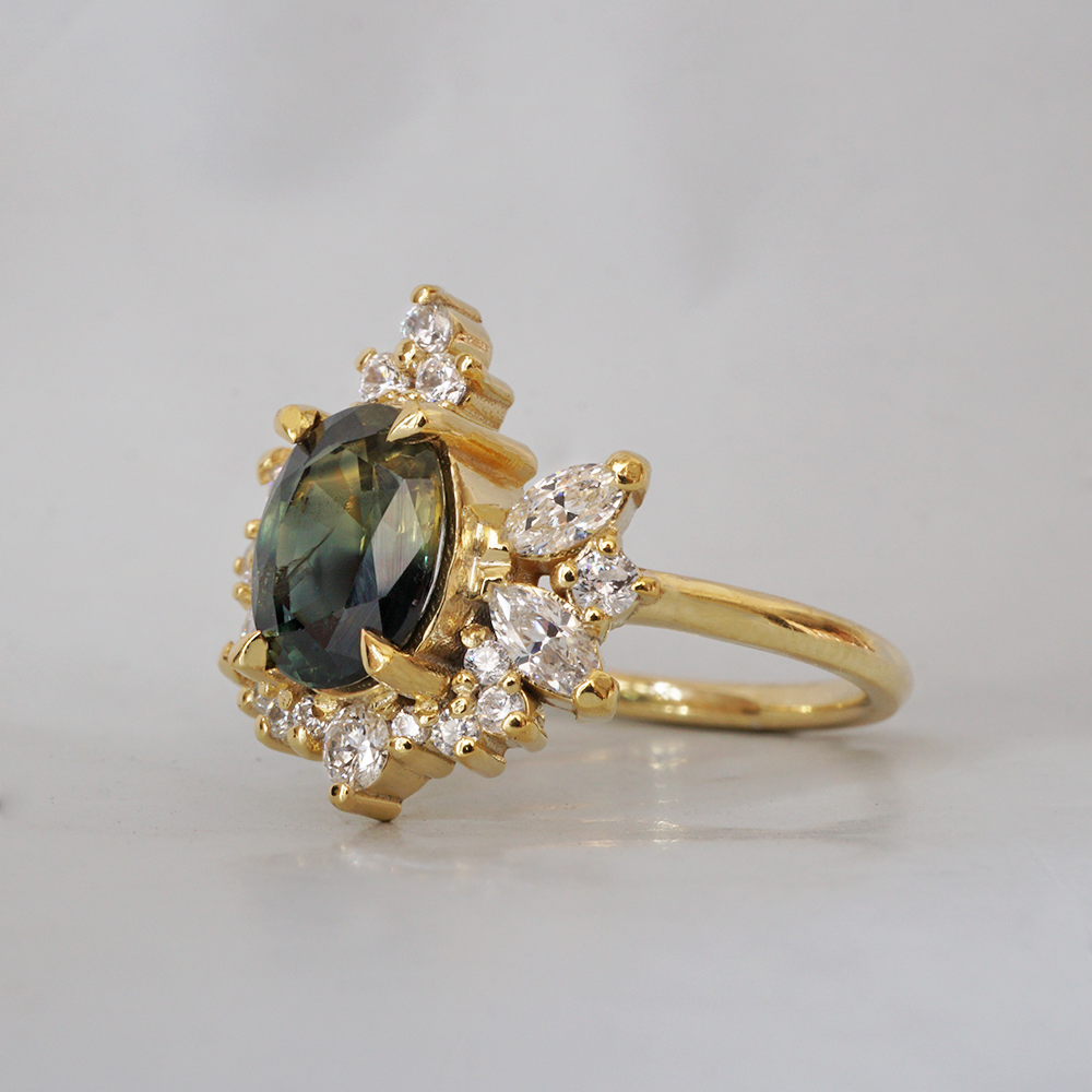 Limited Edition: Oval Stardust Teal Sapphire Diamond Ring in 14K, 18K Gold and Platinum