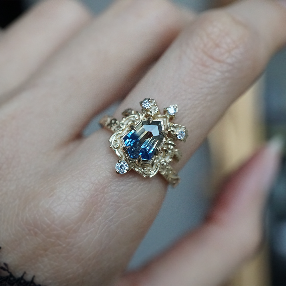 One Of A Kind: Bi Color Sapphire Shield Paradise Ring in 14K and 18K Gold