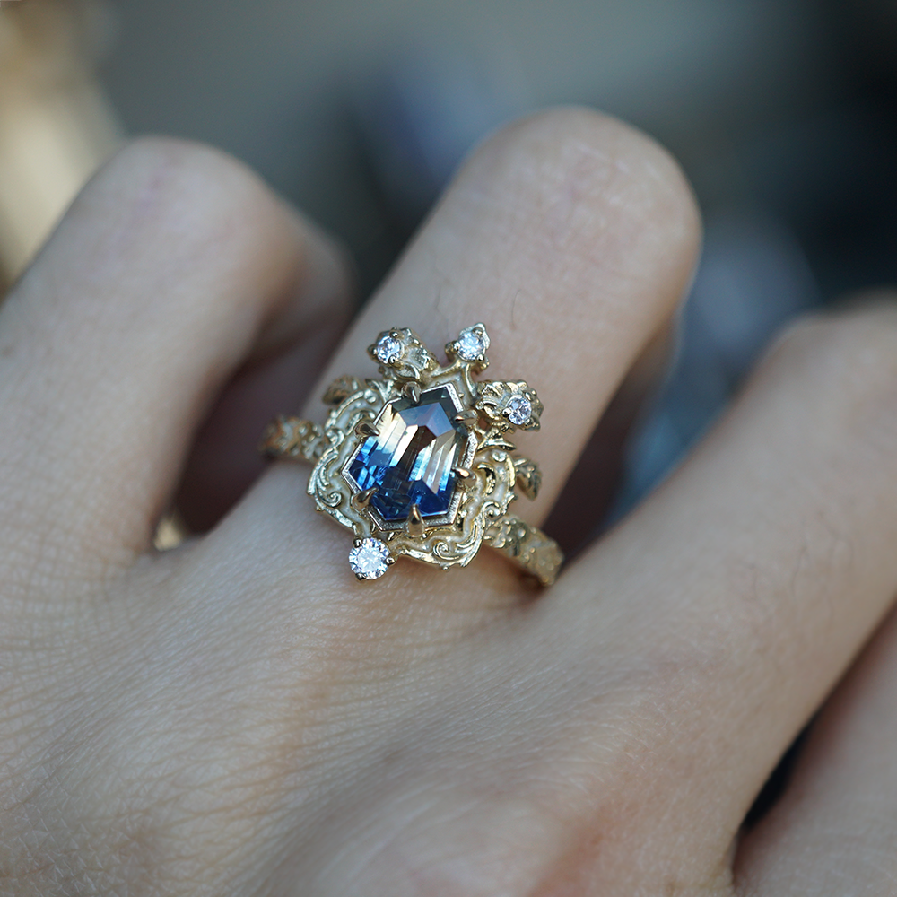 One Of A Kind: Bi Color Sapphire Shield Paradise Ring in 14K and 18K Gold