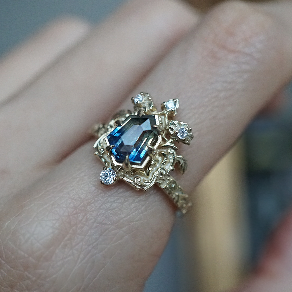 One Of A Kind: Bi Color Sapphire Shield Paradise Ring in 14K and 18K Gold