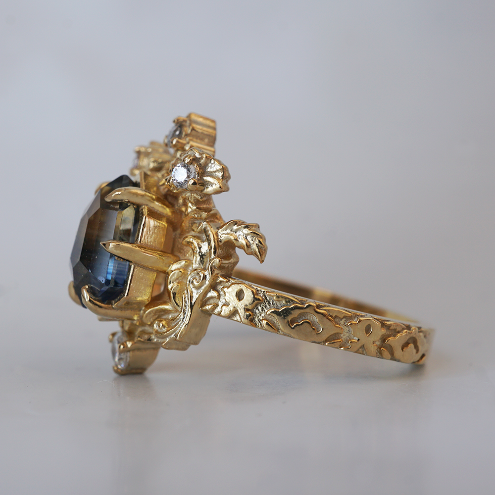 One Of A Kind: Bi Color Sapphire Shield Paradise Ring in 14K and 18K Gold