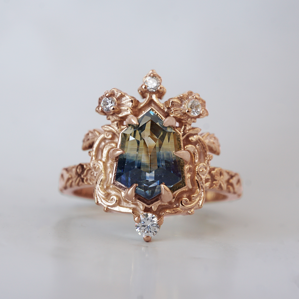 One Of A Kind: Bi Color Sapphire Shield Paradise Ring in 14K and 18K Gold