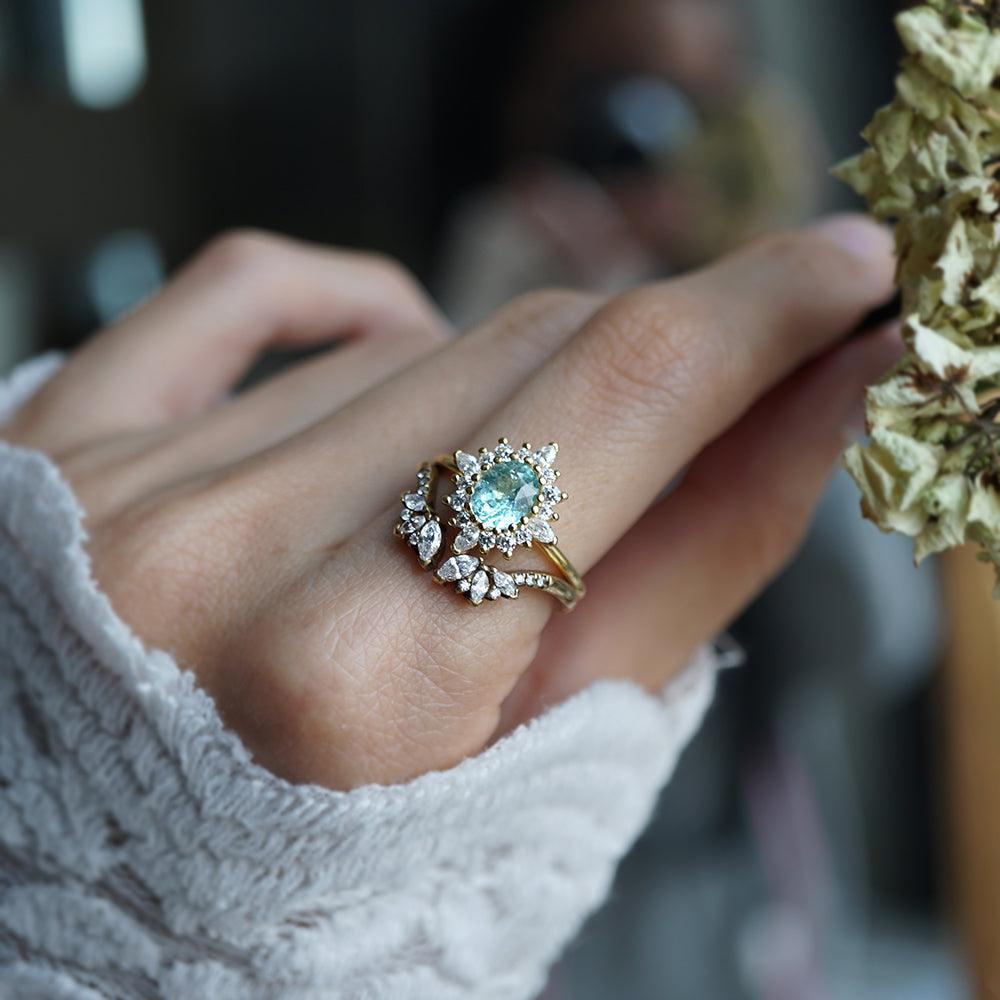 One Of A Kind: Oval Paraiba Tourmaline Mirage Diamond Ring in 14K and 18K Gold - Tippy Taste Jewelry