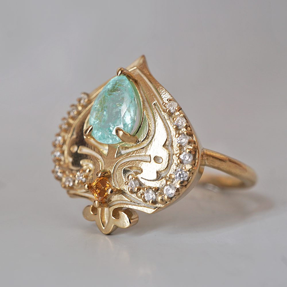 One Of A Kind: Paraiba Tourmaline Heart of Cairo Diamond Ring in 14K and 18K Gold