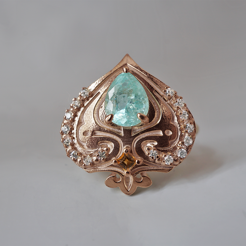 One Of A Kind: Paraiba Tourmaline Heart of Cairo Diamond Ring in 14K and 18K Gold